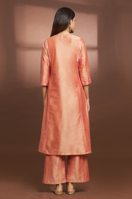 Shop Samyukta Singhania Peach Cotton, Silk Embroidery Round Neck Flared Kurta And Pant Set at Aza Fashions Shop_Samyukta Singhania_Peach Cotton, Silk Embroidery Round Neck Flared Kurta And Pant Set _at_Aza_Fashions