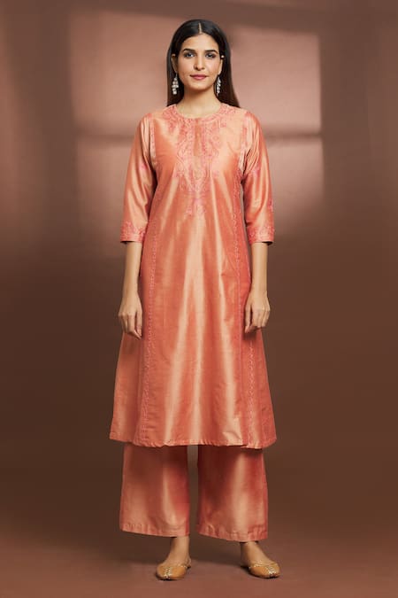 Samyukta Singhania Peach Cotton, Silk Embroidery Round Neck Flared Kurta And Pant Set Online at Aza Fashions Samyukta Singhania_Peach Cotton, Silk Embroidery Round Neck Flared Kurta And Pant Set _Online_at_Aza_Fashions