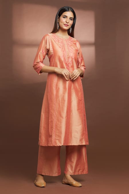 Buy Samyukta Singhania Peach Cotton, Silk Embroidery Round Neck Flared Kurta And Pant Set Online at Aza Fashions Buy_Samyukta Singhania_Peach Cotton, Silk Embroidery Round Neck Flared Kurta And Pant Set _Online_at_Aza_Fashions