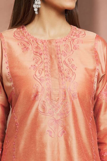 Shop Samyukta Singhania Peach Cotton, Silk Embroidery Round Neck Flared Kurta And Pant Set Online at Aza Fashions Shop_Samyukta Singhania_Peach Cotton, Silk Embroidery Round Neck Flared Kurta And Pant Set _Online_at_Aza_Fashions