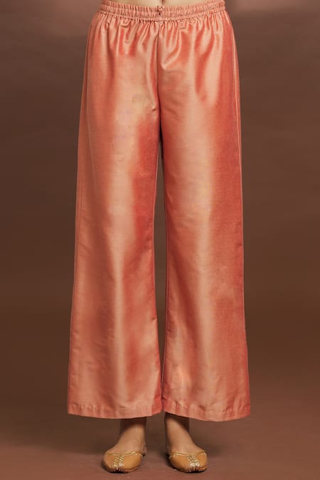 Samyukta Singhania Peach Cotton, Silk Embroidery Round Neck Flared Kurta And Pant Set at Aza Fashions Samyukta Singhania_Peach Cotton, Silk Embroidery Round Neck Flared Kurta And Pant Set _at_Aza_Fashions