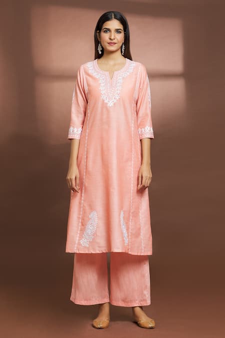 Samyukta Singhania Peach Cotton, Silk Embroidery Split V-neck Floral Flared Kurta And Pant Set Online at Aza Fashions Samyukta Singhania_Peach Cotton, Silk Embroidery Split V-neck Floral Flared Kurta And Pant Set _Online_at_Aza_Fashions
