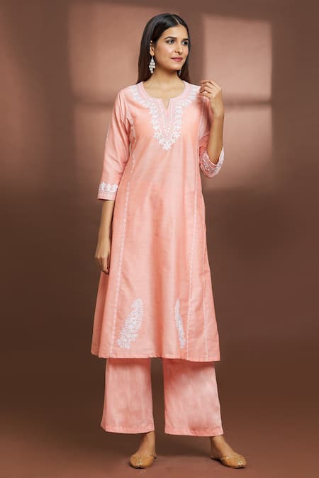 Buy Samyukta Singhania Peach Cotton, Silk Embroidery Split V-neck Floral Flared Kurta And Pant Set Online at Aza Fashions Buy_Samyukta Singhania_Peach Cotton, Silk Embroidery Split V-neck Floral Flared Kurta And Pant Set _Online_at_Aza_Fashions