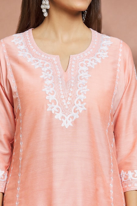 Shop Samyukta Singhania Peach Cotton, Silk Embroidery Split V-neck Floral Flared Kurta And Pant Set Online at Aza Fashions Shop_Samyukta Singhania_Peach Cotton, Silk Embroidery Split V-neck Floral Flared Kurta And Pant Set _Online_at_Aza_Fashions