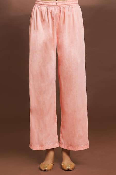 Samyukta Singhania Peach Cotton, Silk Embroidery Split V-neck Floral Flared Kurta And Pant Set at Aza Fashions Samyukta Singhania_Peach Cotton, Silk Embroidery Split V-neck Floral Flared Kurta And Pant Set _at_Aza_Fashions