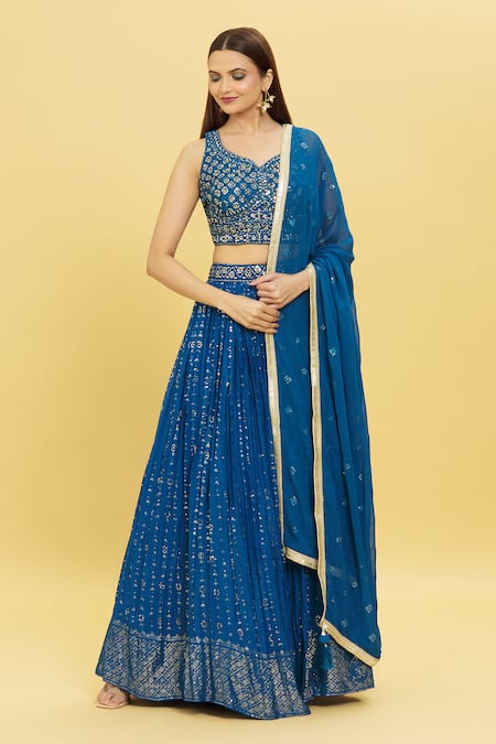 Naintara Bajaj Blue Embroidery Sequins V Neck Lehenga Set