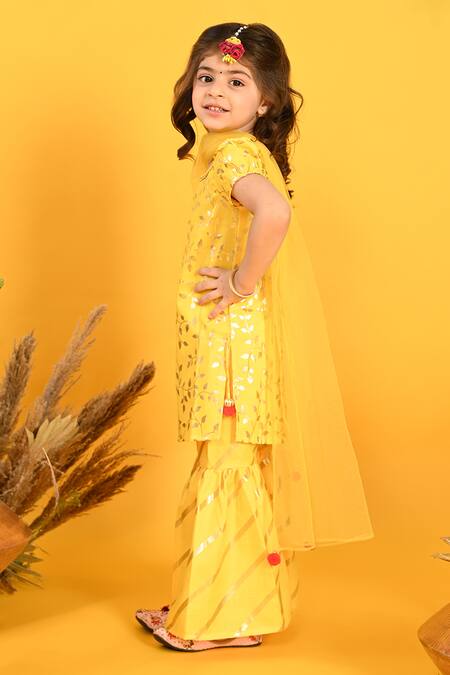 Saka Designs_Yellow Cotton, Chiffon Sequins Leaf Print Kurta Sharara Set_Online_at_Aza_Fashions