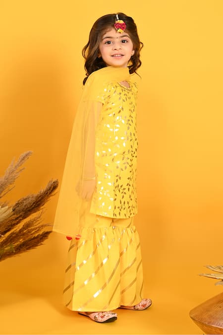 Buy_Saka Designs_Yellow Cotton, Chiffon Sequins Leaf Print Kurta Sharara Set_Online_at_Aza_Fashions