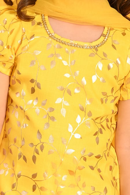 Shop_Saka Designs_Yellow Cotton, Chiffon Sequins Leaf Print Kurta Sharara Set_Online_at_Aza_Fashions