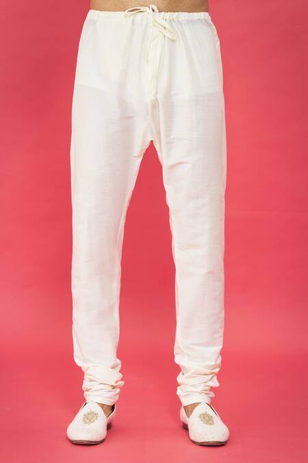 Nero By Shaifali And Satya_Black Dobby, Churidar  Sponge Silk Front Buttoned Bandhgala Set_at_Aza_Fashions