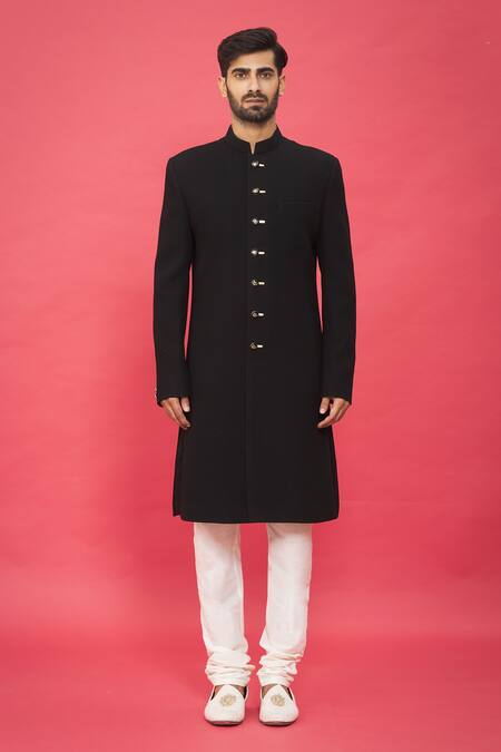 Nero By Shaifali And Satya_Black Dobby, Churidar  Sponge Silk Front Buttoned Bandhgala Set_Online_at_Aza_Fashions