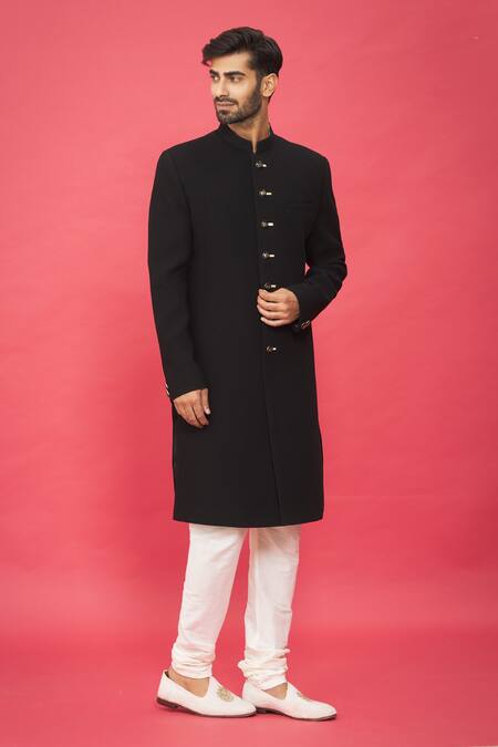 Buy_Nero By Shaifali And Satya_Black Dobby, Churidar  Sponge Silk Front Buttoned Bandhgala Set_Online_at_Aza_Fashions