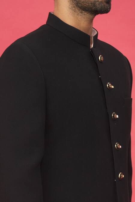 Shop_Nero By Shaifali And Satya_Black Dobby, Churidar  Sponge Silk Front Buttoned Bandhgala Set_Online_at_Aza_Fashions