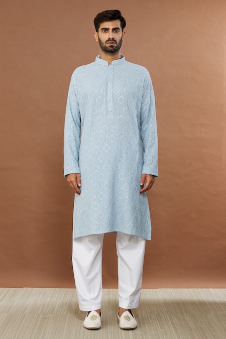 Aham-Vayam_Blue Cotton Sequins Jahaan Floral Embroidered Kurta Set _Online_at_Aza_Fashions