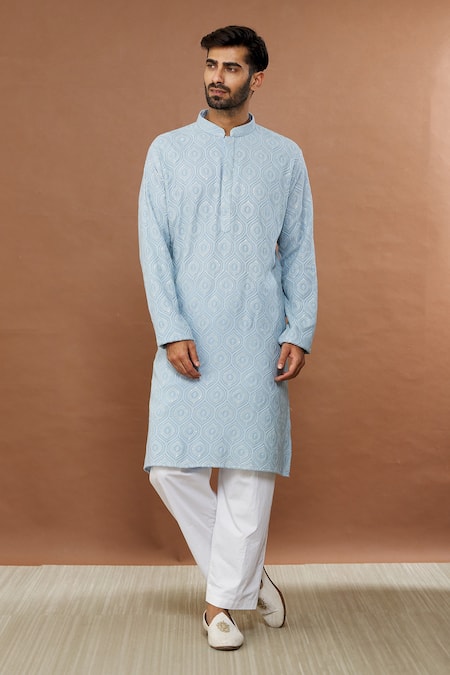 Buy_Aham-Vayam_Blue Cotton Sequins Jahaan Floral Embroidered Kurta Set _Online_at_Aza_Fashions