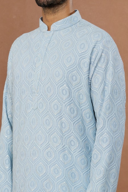 Shop_Aham-Vayam_Blue Cotton Sequins Jahaan Floral Embroidered Kurta Set _Online_at_Aza_Fashions