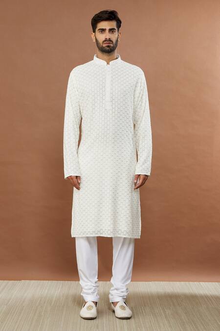 Aham-Vayam_Off White Cotton Sequins Nawaab Embroidered Kurta And Churidar Set_Online_at_Aza_Fashions