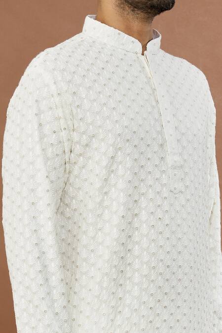 Shop_Aham-Vayam_Off White Cotton Sequins Nawaab Embroidered Kurta And Churidar Set_Online_at_Aza_Fashions