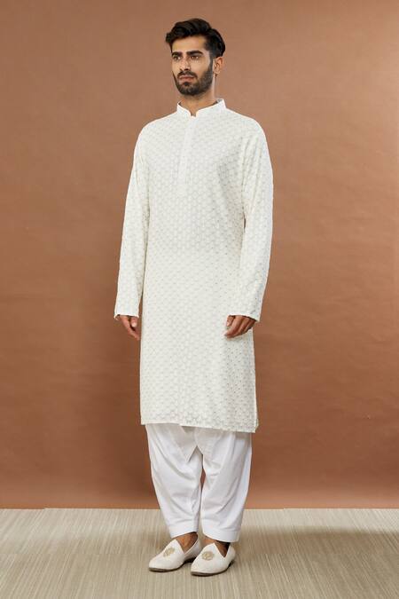 Buy_Aham-Vayam_Off White Cotton Sequins Nawaab Embroidered Kurta And Patiala Set _Online_at_Aza_Fashions