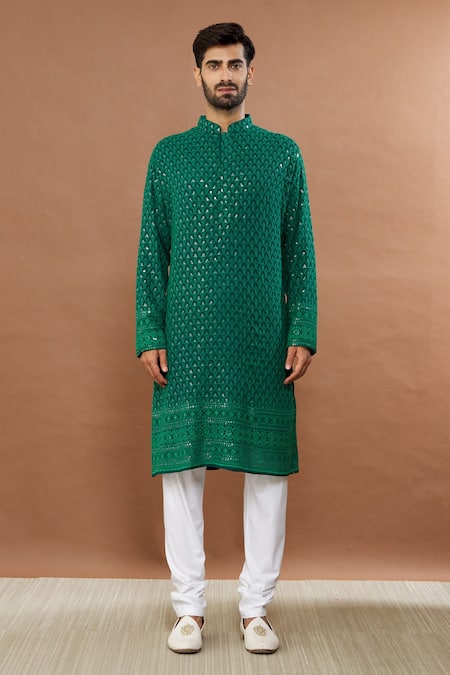 Aham-Vayam_Green Cotton Sequins Mughal Embroidered Kurta And Churidar Set _Online_at_Aza_Fashions