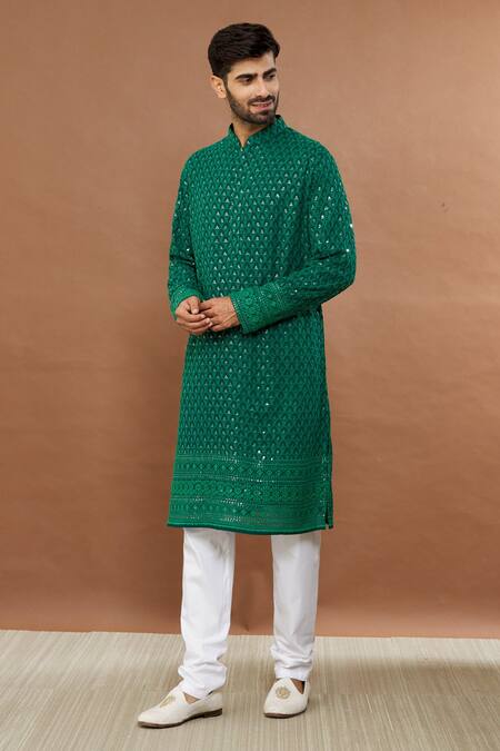 Buy_Aham-Vayam_Green Cotton Sequins Mughal Embroidered Kurta And Churidar Set _Online_at_Aza_Fashions