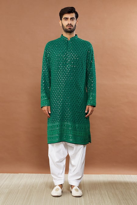 Aham-Vayam Green Cotton Sequins Mughal Embroidered Kurta And Patiala Set Online at Aza Fashions Aham-Vayam_Green Cotton Sequins Mughal Embroidered Kurta And Patiala Set _Online_at_Aza_Fashions