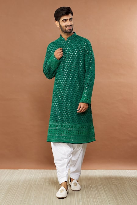 Buy Aham-Vayam Green Cotton Sequins Mughal Embroidered Kurta And Patiala Set Online at Aza Fashions Buy_Aham-Vayam_Green Cotton Sequins Mughal Embroidered Kurta And Patiala Set _Online_at_Aza_Fashions