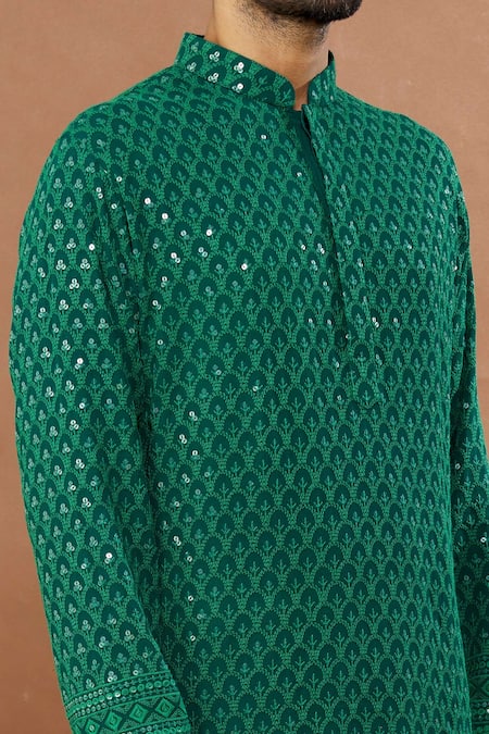 Shop Aham-Vayam Green Cotton Sequins Mughal Embroidered Kurta And Patiala Set Online at Aza Fashions Shop_Aham-Vayam_Green Cotton Sequins Mughal Embroidered Kurta And Patiala Set _Online_at_Aza_Fashions
