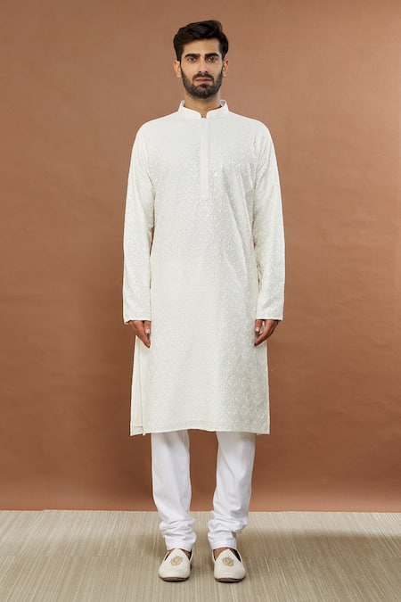 Aham-Vayam_White Cotton Sequins, Embroidery Utsav Kurta And Churidar Set _Online_at_Aza_Fashions