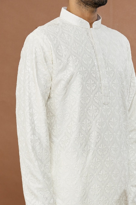 Shop_Aham-Vayam_White Cotton Sequins, Embroidery Utsav Kurta And Churidar Set _Online_at_Aza_Fashions