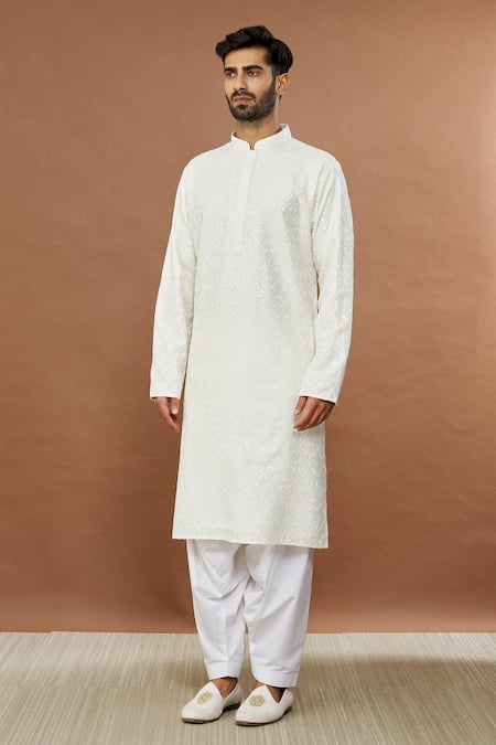 Aham-Vayam_White Cotton Sequins Utsav Embroidered Kurta And Patiala Set _Online_at_Aza_Fashions