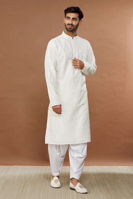 Buy_Aham-Vayam_White Cotton Sequins Utsav Embroidered Kurta And Patiala Set _Online_at_Aza_Fashions