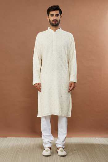 Aham-Vayam_Cream Silk Sequins Rangrez Embroidered Kurta And Churidar Set _Online_at_Aza_Fashions