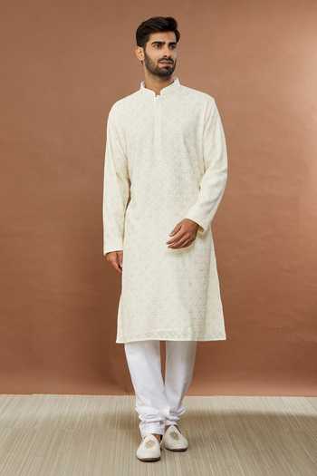 Buy_Aham-Vayam_Cream Silk Sequins Rangrez Embroidered Kurta And Churidar Set _Online_at_Aza_Fashions