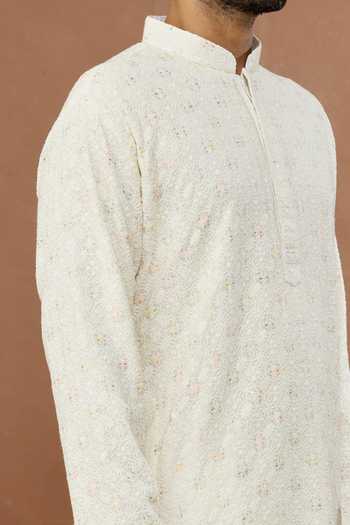 Shop_Aham-Vayam_Cream Silk Sequins Rangrez Embroidered Kurta And Churidar Set _Online_at_Aza_Fashions