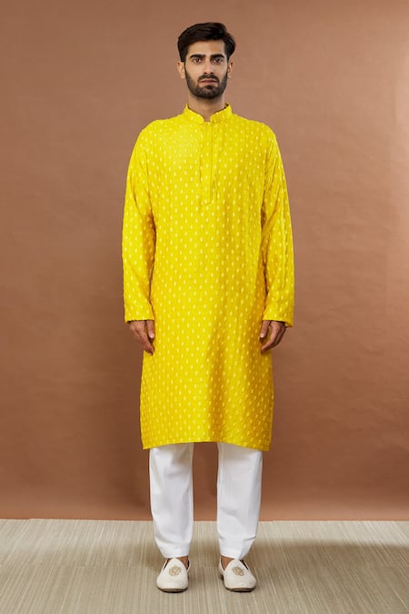 Aham-Vayam_Yellow Silk Sequins, Embroidery Maharaja Floral Kurta Set _Online_at_Aza_Fashions