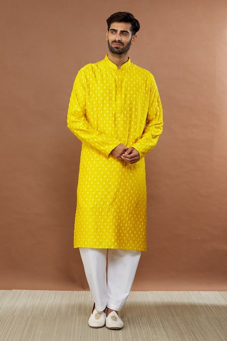 Buy_Aham-Vayam_Yellow Silk Sequins, Embroidery Maharaja Floral Kurta Set _Online_at_Aza_Fashions