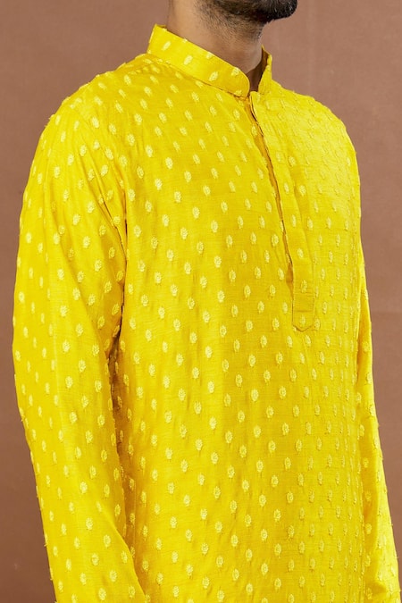 Shop_Aham-Vayam_Yellow Silk Sequins, Embroidery Maharaja Floral Kurta Set _Online_at_Aza_Fashions