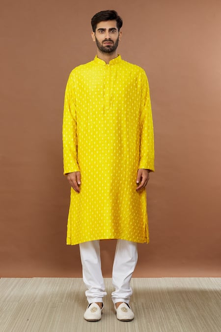 Aham-Vayam Yellow Silk, Cotton Sequins Maharaja Embroidered Kurta Set Online at Aza Fashions Aham-Vayam_Yellow Silk, Cotton Sequins Maharaja Embroidered Kurta Set _Online_at_Aza_Fashions