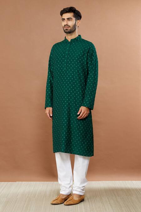 Buy_Aham-Vayam_Green Silk, Cotton Sequins Maharaja Embroidered Kurta And Churidar Set _Online_at_Aza_Fashions