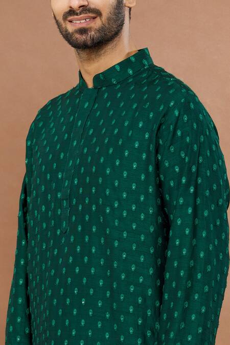 Shop_Aham-Vayam_Green Silk, Cotton Sequins Maharaja Embroidered Kurta And Churidar Set _Online_at_Aza_Fashions
