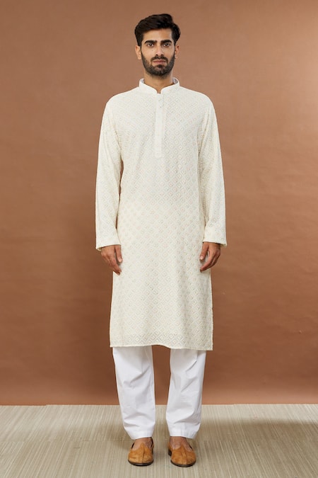 Aham-Vayam Cream Cotton Sequins Mayur Embroidered Kurta And Pyjama Set Online at Aza Fashions Aham-Vayam_Cream Cotton Sequins Mayur Embroidered Kurta And Pyjama Set _Online_at_Aza_Fashions