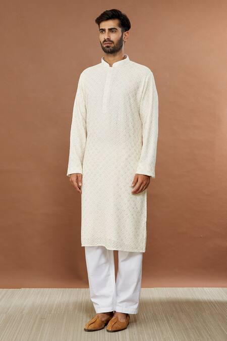 Buy Aham-Vayam Cream Cotton Sequins Mayur Embroidered Kurta And Pyjama Set Online at Aza Fashions Buy_Aham-Vayam_Cream Cotton Sequins Mayur Embroidered Kurta And Pyjama Set _Online_at_Aza_Fashions