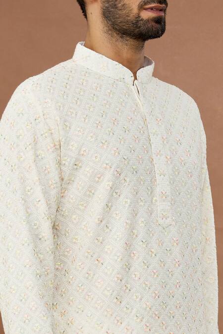 Shop Aham-Vayam Cream Cotton Sequins Mayur Embroidered Kurta And Pyjama Set Online at Aza Fashions Shop_Aham-Vayam_Cream Cotton Sequins Mayur Embroidered Kurta And Pyjama Set _Online_at_Aza_Fashions