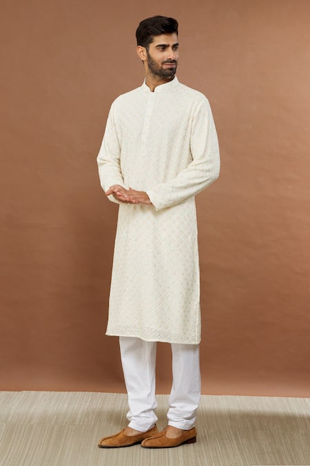 Buy_Aham-Vayam_Cream Cotton Sequins Mayur Embroidered Kurta And Churidar Set _Online_at_Aza_Fashions