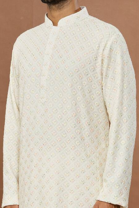 Shop_Aham-Vayam_Cream Cotton Sequins Mayur Embroidered Kurta And Churidar Set _Online_at_Aza_Fashions