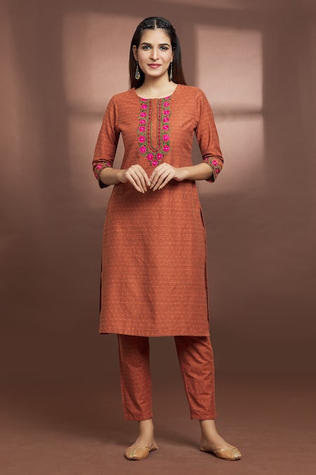 Samyukta Singhania Cotton Embroidered Straight Kurta & Pant Set 