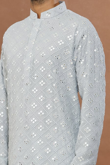 Shop Aham-Vayam Gray , Satin Mirrors Work Grey Kurta And Churidar Set For Kids Online at Aza Fashions Shop_Aham-Vayam_Gray , Satin Mirrors Work Grey Kurta And Churidar Set For Kids_Online_at_Aza_Fashions