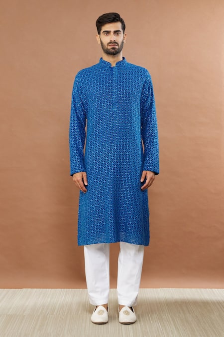 Aham-Vayam_Blue Cotton Embroidery, Sequins Floral Mirror Work Kurta Set _Online_at_Aza_Fashions
