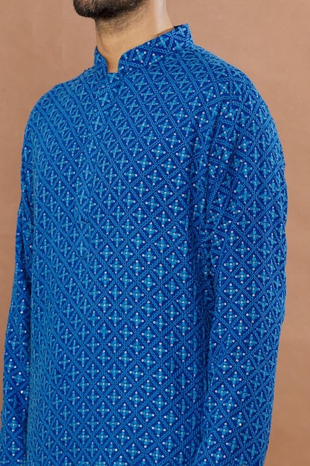 Shop_Aham-Vayam_Blue Cotton Embroidery, Sequins Floral Mirror Work Kurta Set _Online_at_Aza_Fashions